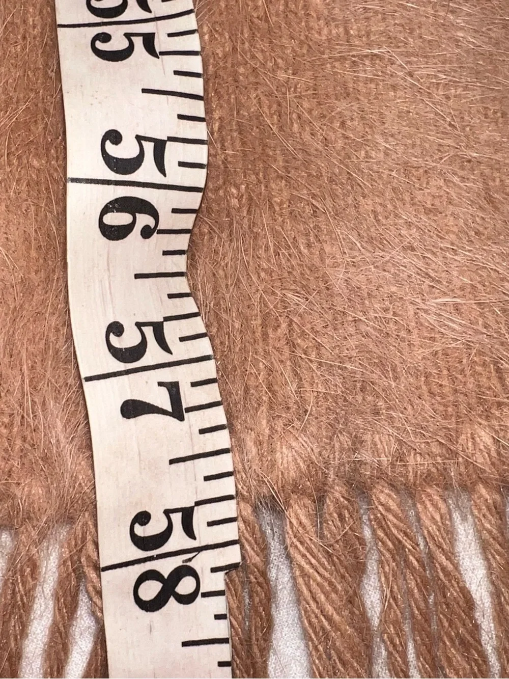 Women’s  Angora Rabbit Fur Scarf Neutral Classic camel fringe 58”x6”